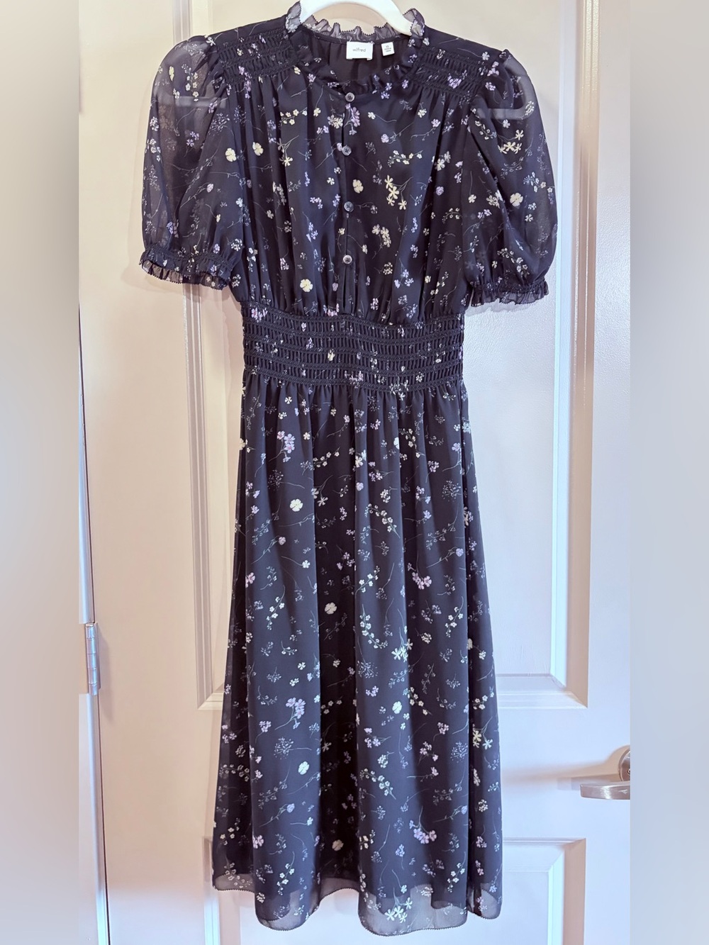 Aritzia Wilfred Smocked Waist Black Floral Midi Dress